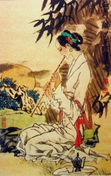 niña jugando hsiao chino tradicional Pinturas al óleo